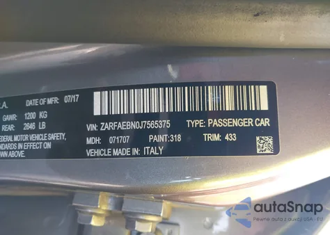 2018 Alfa Romeo Giulia Rwd из США, поврежденный, VIN ZARFAEBN0J7565375